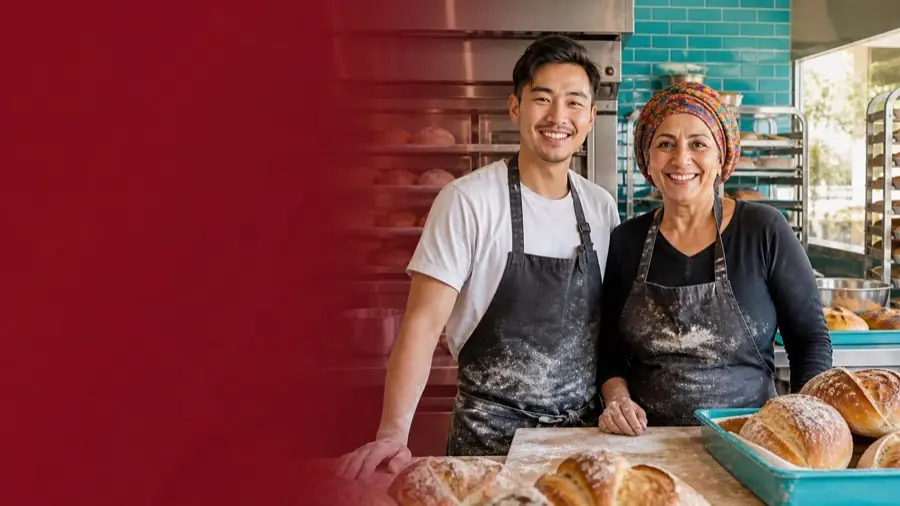 Two Australian bakery owners smiling in their commercial kitchen