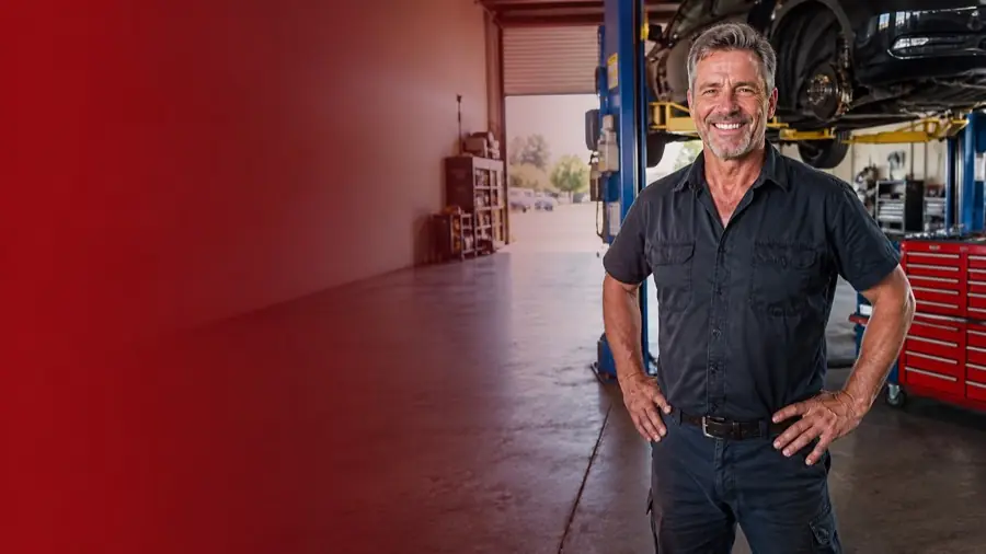 Australian mechanic and workshop owner smiling in his automotive business