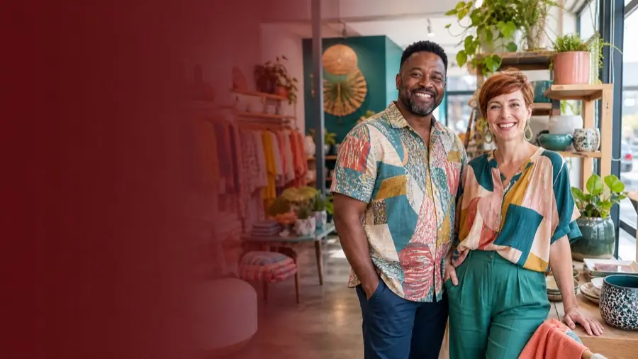 Two Australian retail owners smiling in their colourful independent store